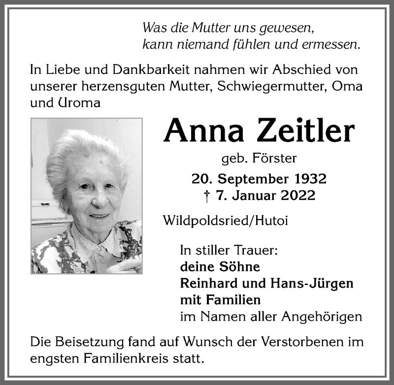  Traueranzeige für Anna Zeitler vom 22.01.2022 aus Allgäuer Zeitung,Kempten