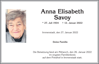Traueranzeige von Anna Elisabeth Savoy von Allgäuer Anzeigeblatt