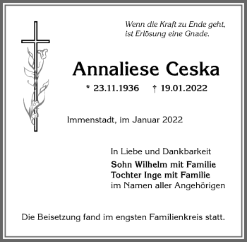 Traueranzeige von Annaliese Ceska von Allgäuer Anzeigeblatt