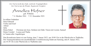 Traueranzeige von Annelies Hofner von Allgäuer Zeitung, Marktoberdorf