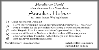 Traueranzeige von Annelies Hofner von Allgäuer Zeitung, Marktoberdorf