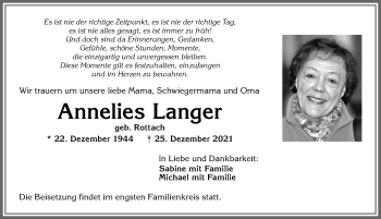 Traueranzeige von Annelies Langer von Allgäuer Zeitung, Marktoberdorf