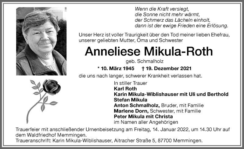  Traueranzeige für Anneliese Mikula-Roth vom 13.01.2022 aus Memminger Zeitung