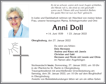 Traueranzeige von Anni Doll von Allgäuer Zeitung, Marktoberdorf
