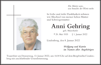 Traueranzeige von Anni Gehring von Der Westallgäuer