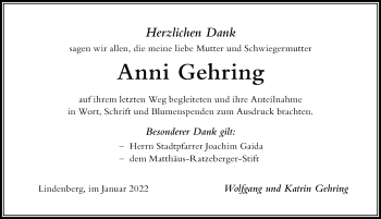 Traueranzeige von Anni Gehring von Der Westallgäuer