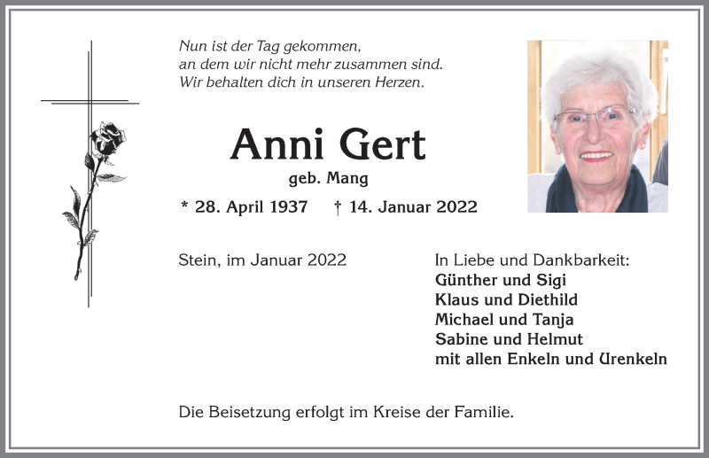  Traueranzeige für Anni Gert vom 21.01.2022 aus Allgäuer Anzeigeblatt