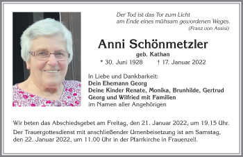 Traueranzeige von Anni Schönmetzler von Allgäuer Zeitung,Kempten
