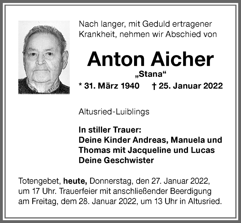  Traueranzeige für Anton Aicher vom 27.01.2022 aus Allgäuer Zeitung,Kempten