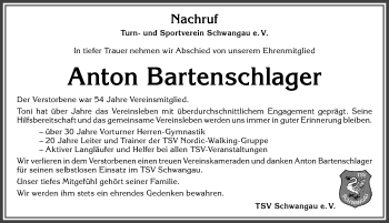 Traueranzeige von Anton Bartenschlager von Allgäuer Zeitung, Füssen