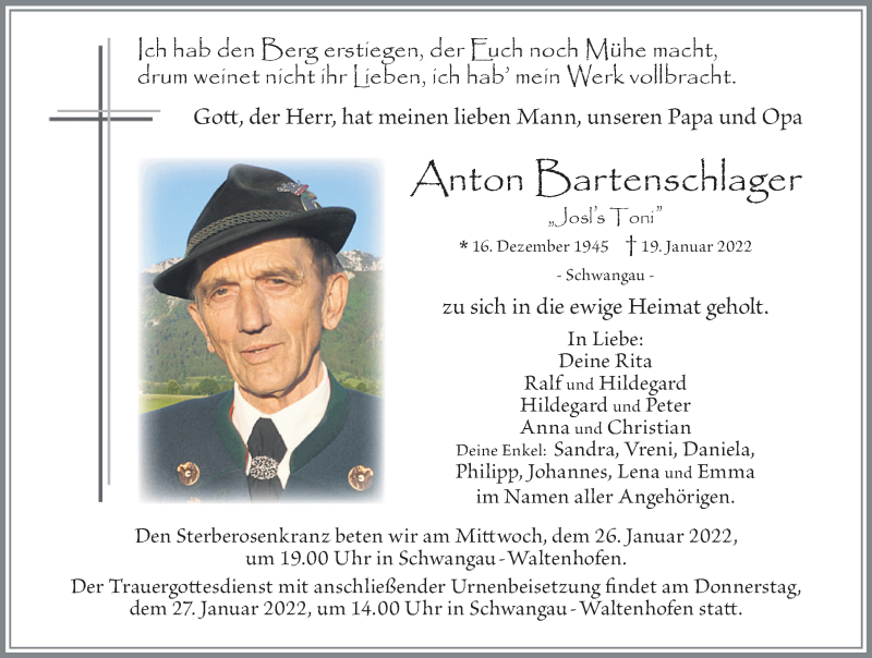  Traueranzeige für Anton Bartenschlager vom 25.01.2022 aus Allgäuer Zeitung, Füssen