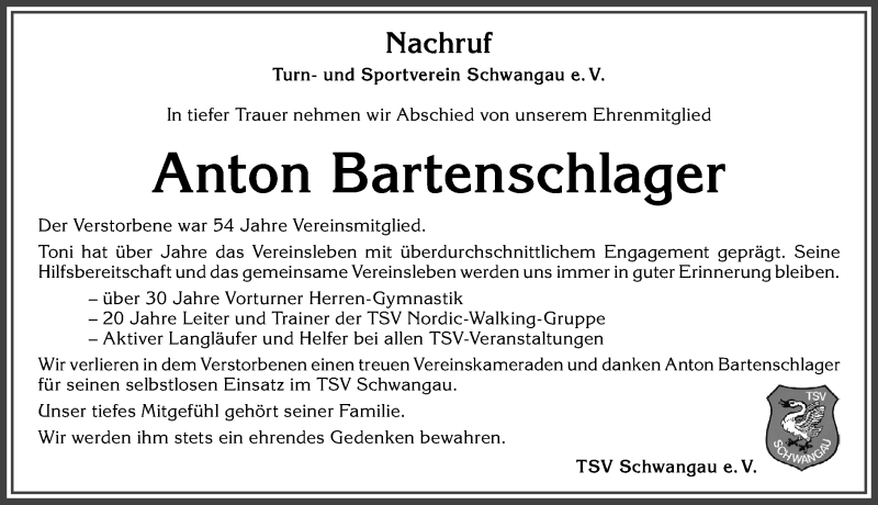  Traueranzeige für Anton Bartenschlager vom 26.01.2022 aus Allgäuer Zeitung, Füssen