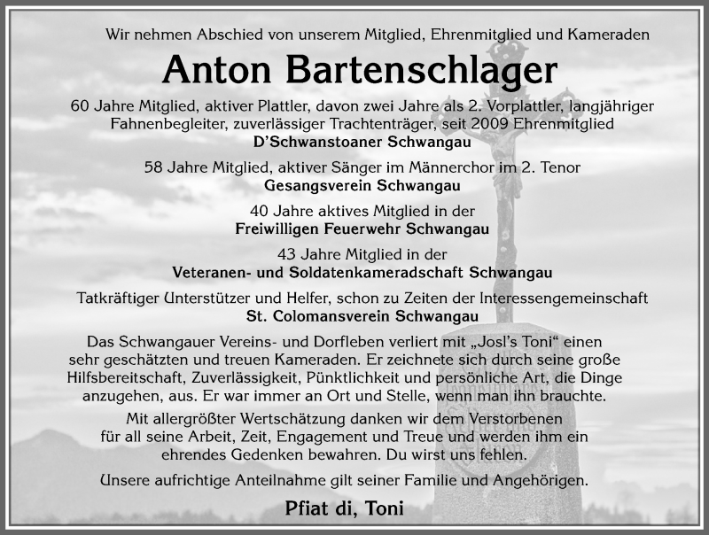 Traueranzeige für Anton Bartenschlager vom 26.01.2022 aus Allgäuer Zeitung, Füssen