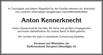 Traueranzeige von Anton Kennerknecht von Allgäuer Anzeigeblatt