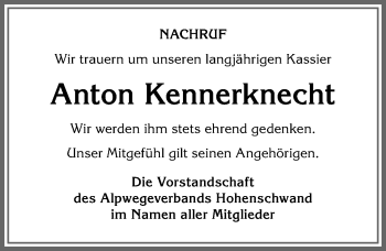 Traueranzeige von Anton Kennerknecht von Allgäuer Anzeigeblatt