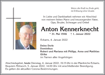 Traueranzeige von Anton Kennerknecht von Allgäuer Anzeigeblatt