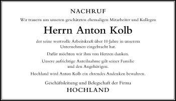 Traueranzeige von Anton Kolb von Der Westallgäuer