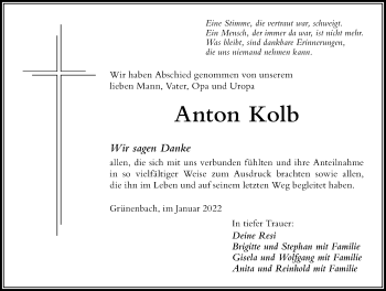 Traueranzeige von Anton Kolb von Der Westallgäuer