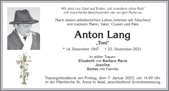 Traueranzeige von Anton Lang von Allgäuer Zeitung, Kaufbeuren/Buchloe