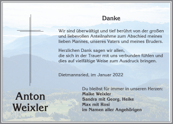 Traueranzeige von Anton Weixler von Allgäuer Zeitung,Kempten