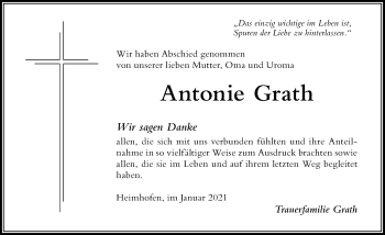 Traueranzeige von Antonie Grath von Der Westallgäuer