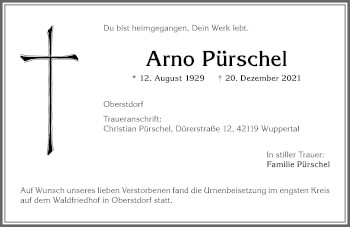 Traueranzeige von Arno Pürschel von Allgäuer Anzeigeblatt