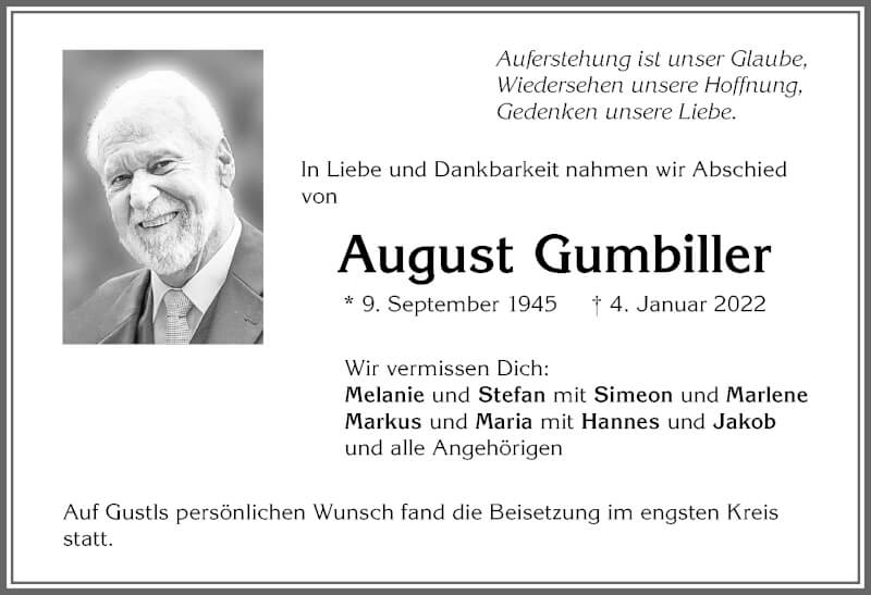  Traueranzeige für August Gumbiller vom 15.01.2022 aus Allgäuer Zeitung, Marktoberdorf