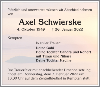 Traueranzeige von Axel Schwierske von Allgäuer Zeitung,Kempten