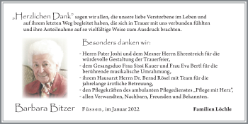 Traueranzeige von Barbara Bitzer von Allgäuer Zeitung, Füssen