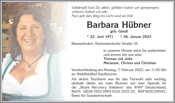 Traueranzeige von Barbara Hübner von Allgäuer Zeitung, Marktoberdorf