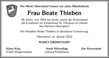 Traueranzeige von Beate Thieben von Allgäuer Anzeigeblatt