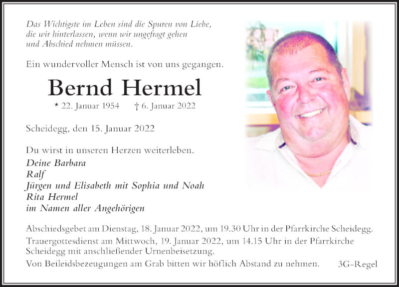  Traueranzeige für Bernd Hermel vom 15.01.2022 aus Der Westallgäuer