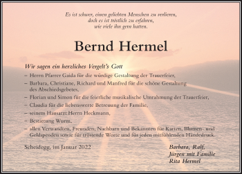 Traueranzeige von Bernd Hermel von Der Westallgäuer