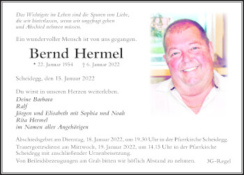 Traueranzeige von Bernd Hermel von Der Westallgäuer
