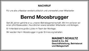 Traueranzeige von Bernd Moosbrugger von Memminger Zeitung
