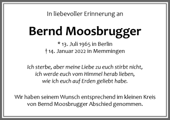 Traueranzeige von Bernd Moosbrugger von Memminger Zeitung