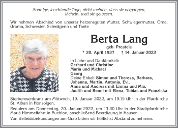 Traueranzeige von Berta Lang von Allgäuer Zeitung, Kaufbeuren/Buchloe
