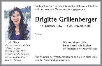 Traueranzeige von Brigitte Grillenberger von Allgäuer Zeitung,Kempten