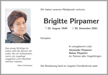Traueranzeige von Brigitte Pirpamer von Allgäuer Zeitung,Kempten