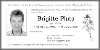 Traueranzeige von Brigitte Pluta von Allgäuer Zeitung, Kaufbeuren/Buchloe