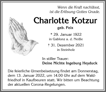 Traueranzeige von Charlotte Kotzur von Allgäuer Zeitung, Kaufbeuren/Buchloe