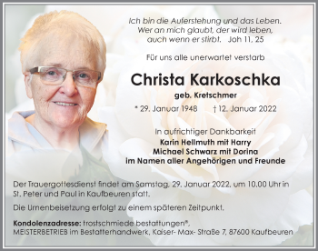 Traueranzeige von Christa Karkoschka von Allgäuer Zeitung, Kaufbeuren/Buchloe