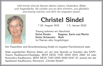 Traueranzeige von Christel Sindel von Allgäuer Zeitung, Kaufbeuren/Buchloe