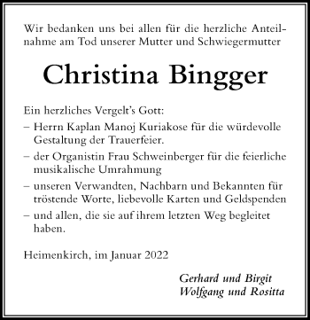 Traueranzeige von Christina Bingger von Der Westallgäuer