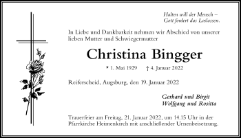 Traueranzeige von Christina Bingger von Der Westallgäuer