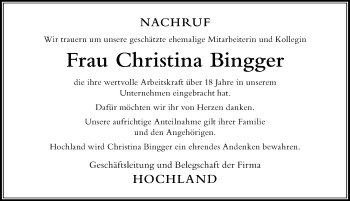 Traueranzeige von Christina Bingger von Der Westallgäuer