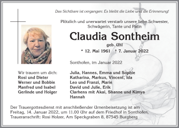 Traueranzeige von Claudia Sontheim von Allgäuer Anzeigeblatt