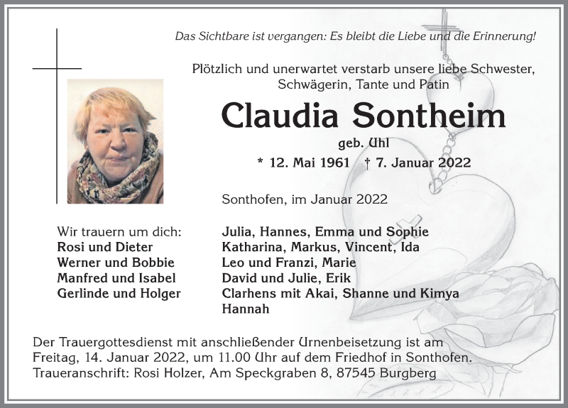  Traueranzeige für Claudia Sontheim vom 12.01.2022 aus Allgäuer Anzeigeblatt