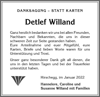 Traueranzeige von Detlef Willand von Allgäuer Anzeigeblatt