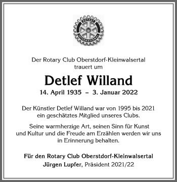Traueranzeige von Detlef Willand von Allgäuer Anzeigeblatt